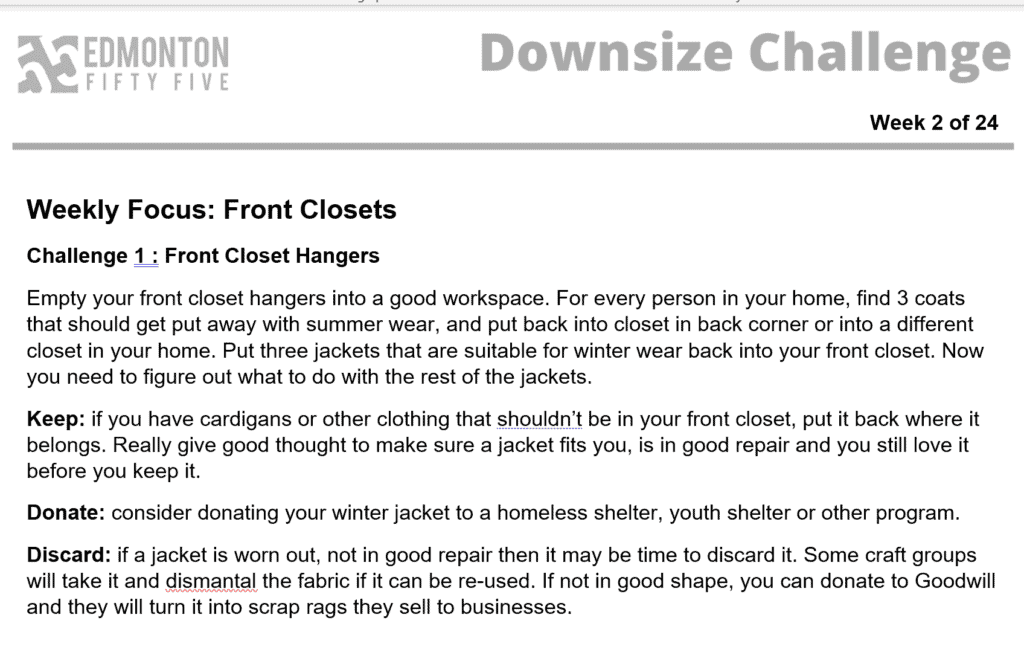 Edmonton55 Downsizing Challenge Sample Worksheet